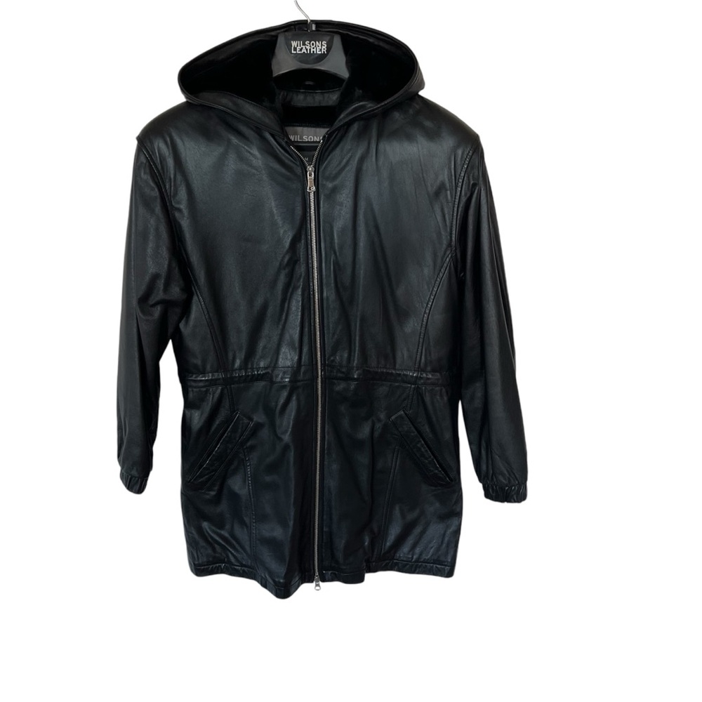 WILSON’S LEATHER genuine leather hooded black jacket anorak, faux fur lining | M